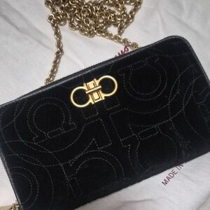 Salvatore Ferragamo Black Clutch with Gold Chain
